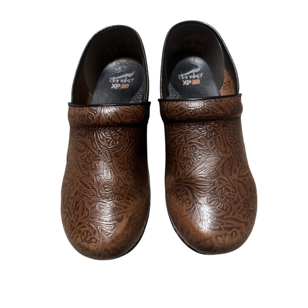 Dansko XP Leather Clogs Women 40 9.5 Floral tooled Brown  Slip-On Nurse Career